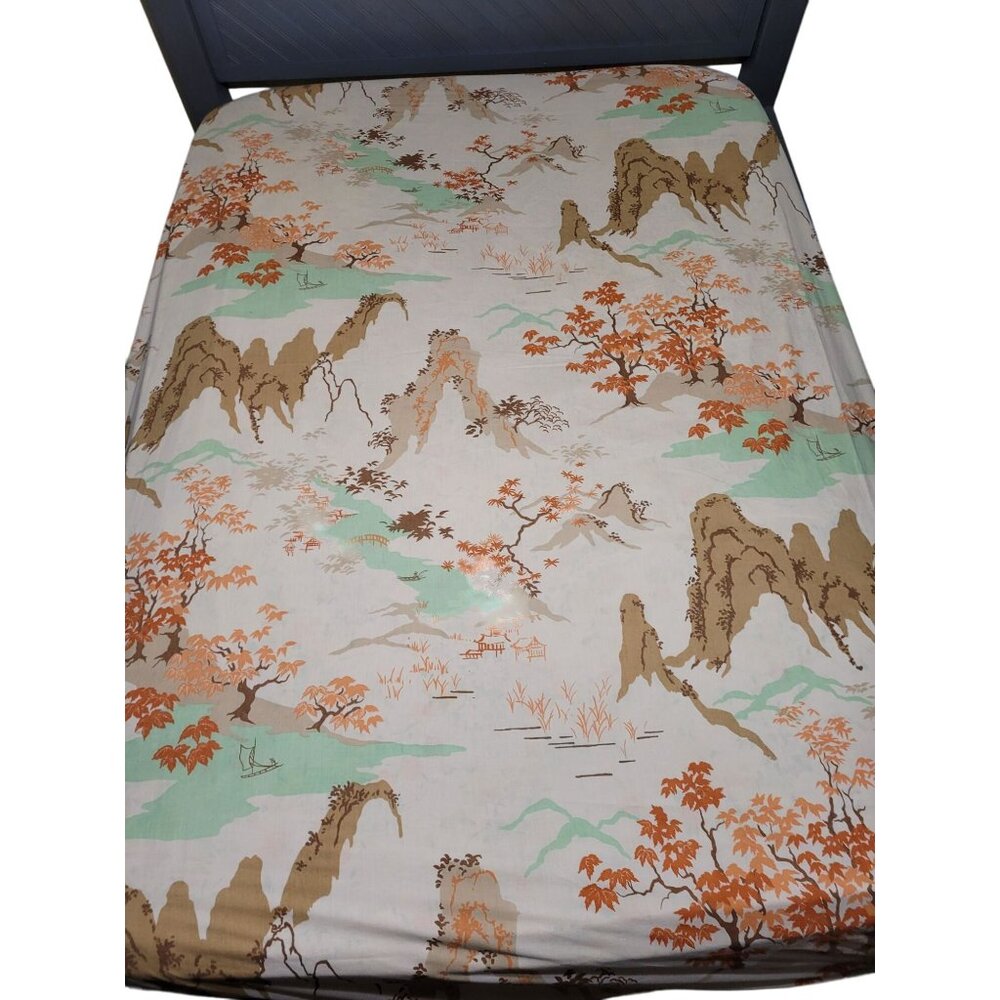 Vintage Asian-Inspired Full Flat & Fitted Sheets Set With Scenic Mountain & Tree